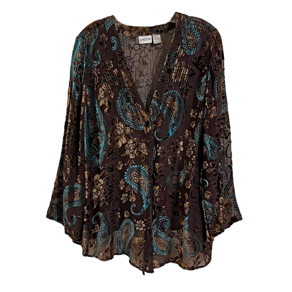 Chico's Brown Turquoise Velvet Burnout Cardigan